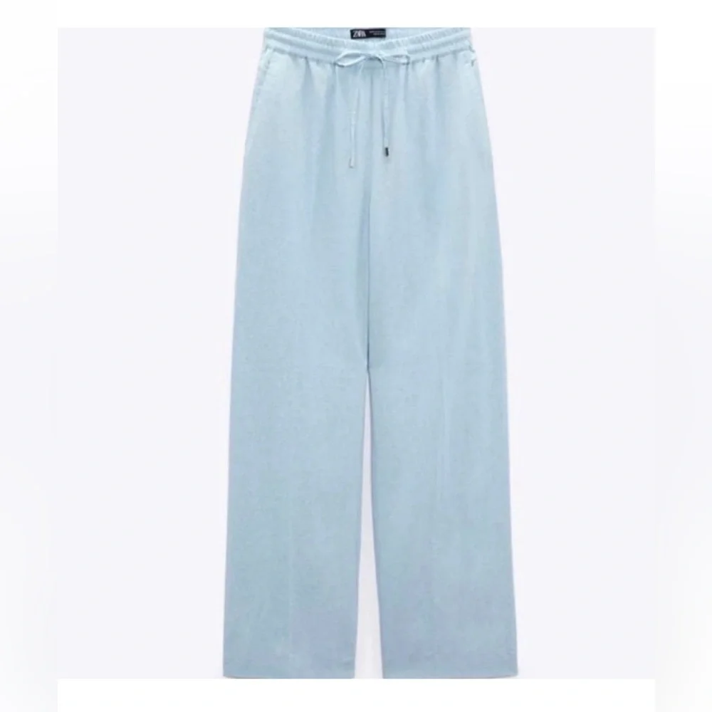 Zara Linen Blend Elastic Drawstring Waist Pocketed Pull On Pants SMALL